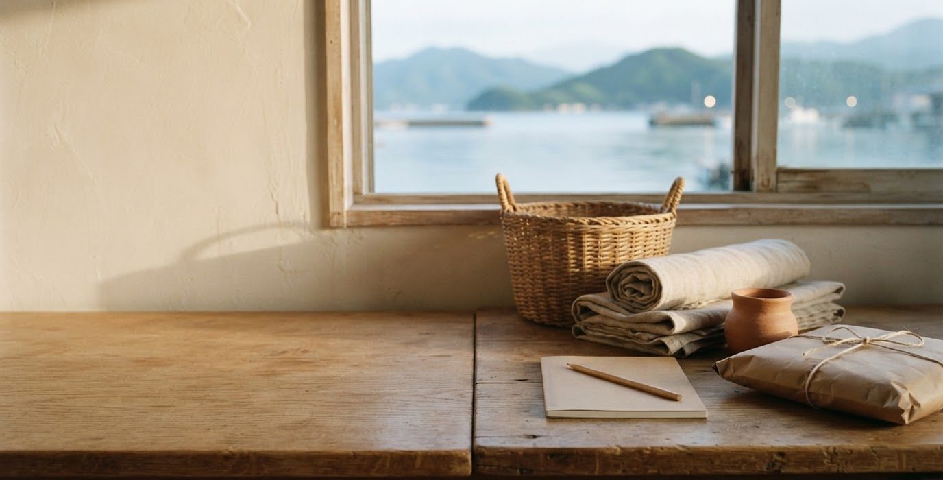 海の見える窓辺の木の机と、かごに入ったふきん